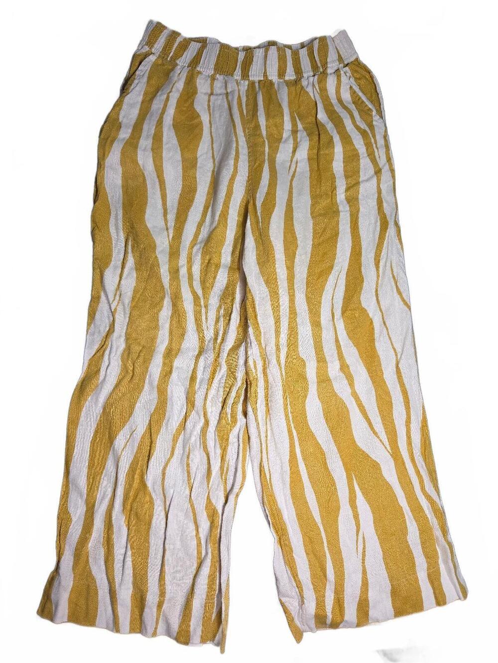 Yellow and White Striped Linen Wide-Leg Pants